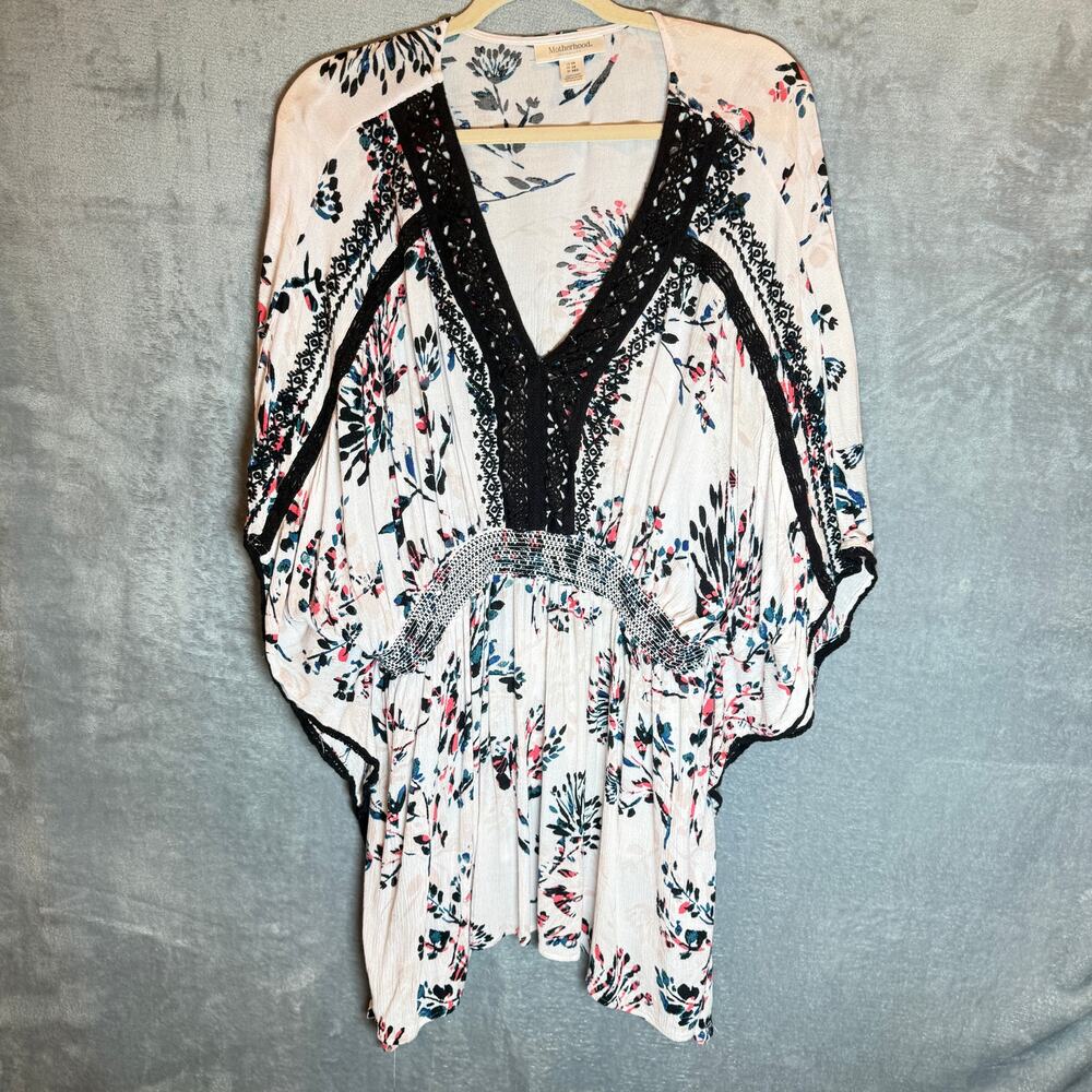 Motherhood Maternity 2X Floral Boho Tunic Top Crochet Trim Empire Waist